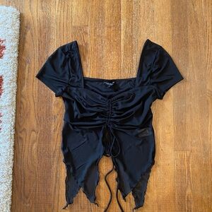 Black Ruched Tie Front Ruffle Blouse